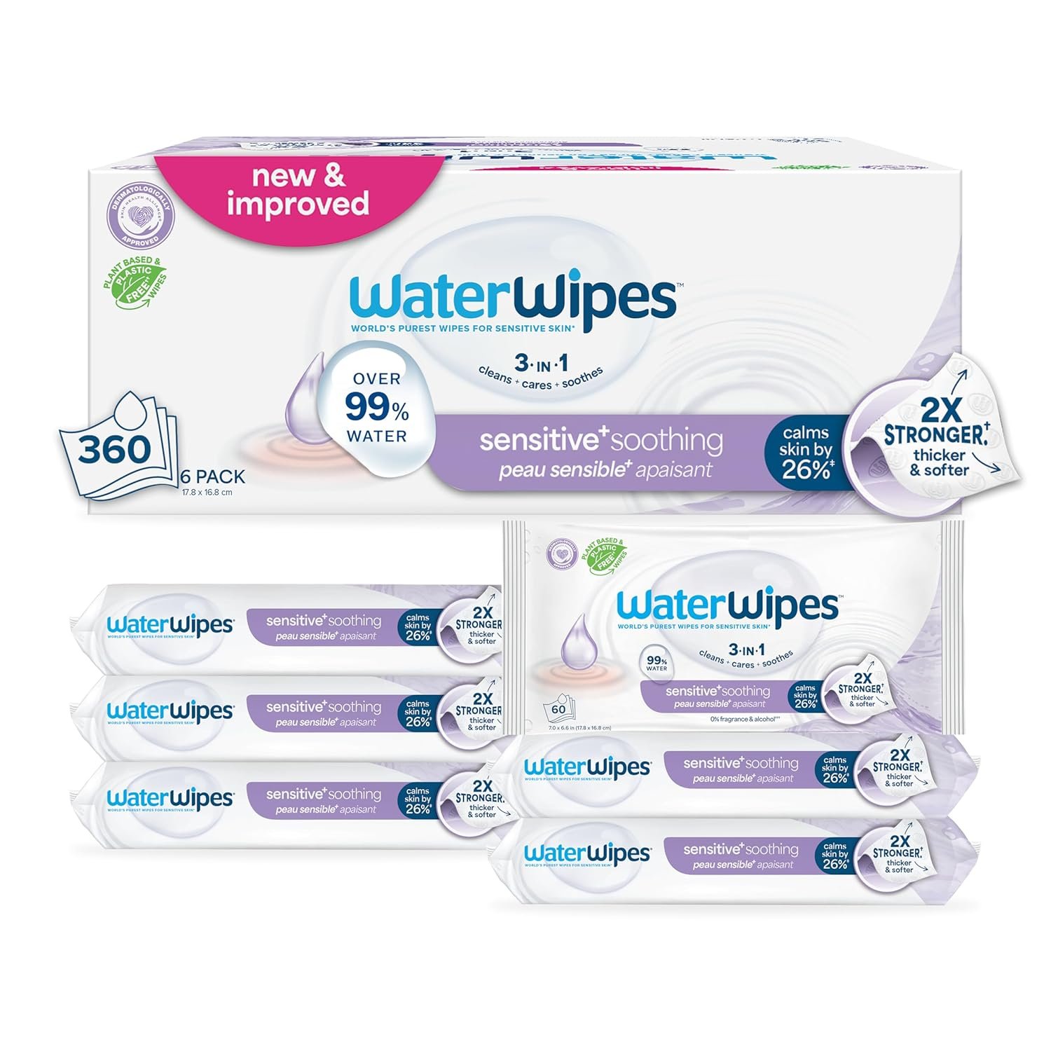 WaterWipes Sensitive+ Soothing Wipes, 3-In-1 Cleans, Cares, Soothes, 99% Water with Botanical Extract, Unscented & Hypoallergenic Baby Wipes, 360 Count (6 Packs)