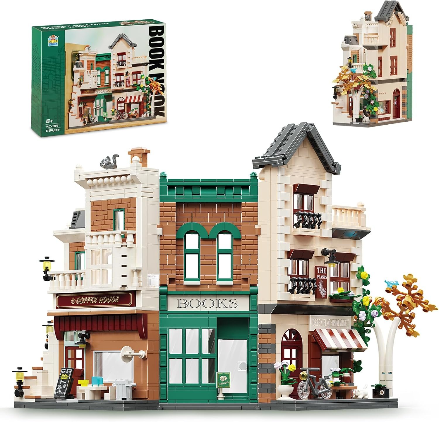 QLT QIAOLETONG QLT Book Nook Building Set LED Compatible Lego Adult(1194 Pcs Ideas City Street Building Set for Adults Kids Coffee Shop Bookstore Flower Shop Bookend Gift for Building Fans