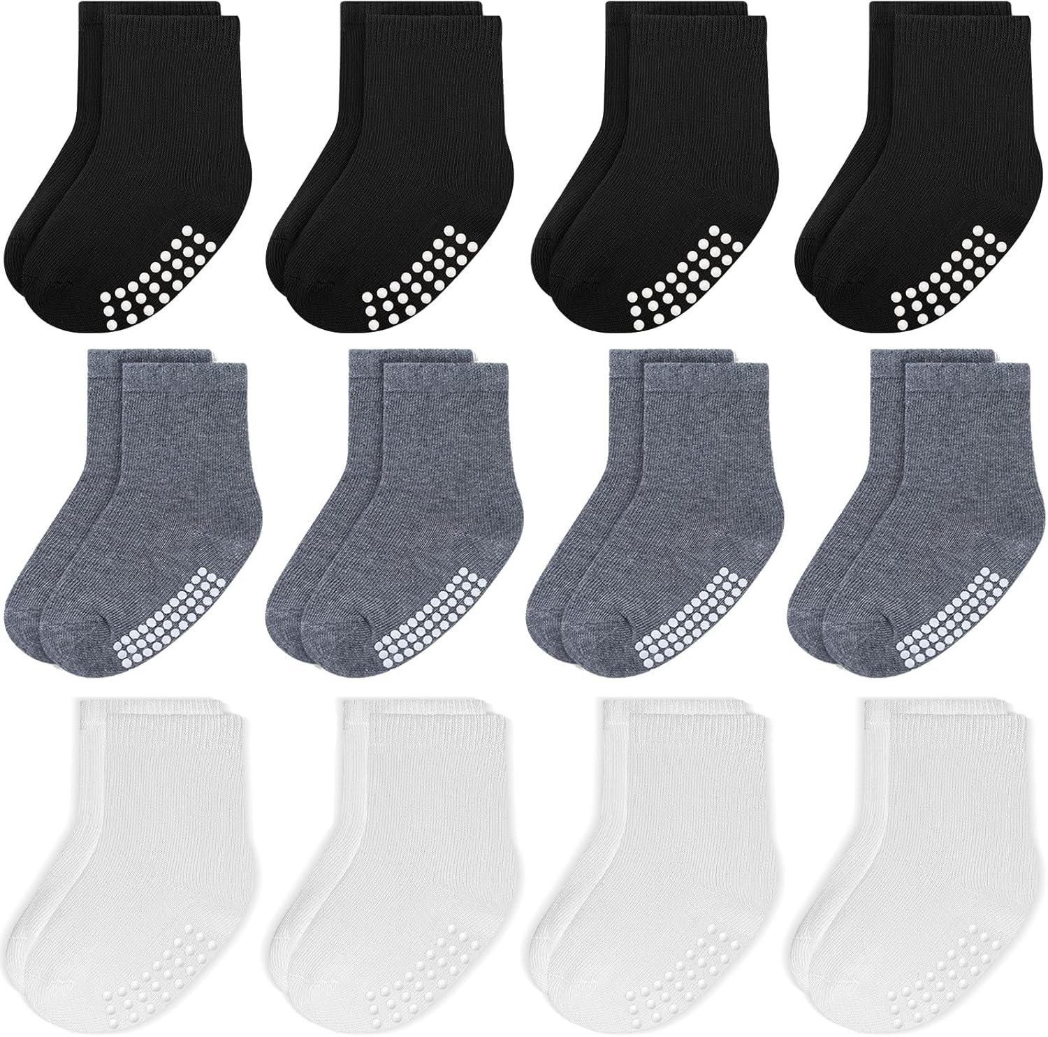JAKIDAR 12 Pack Baby Toddler Socks Non Slip Grip Cotton Crew Socks for Boys Girls Infants Kids