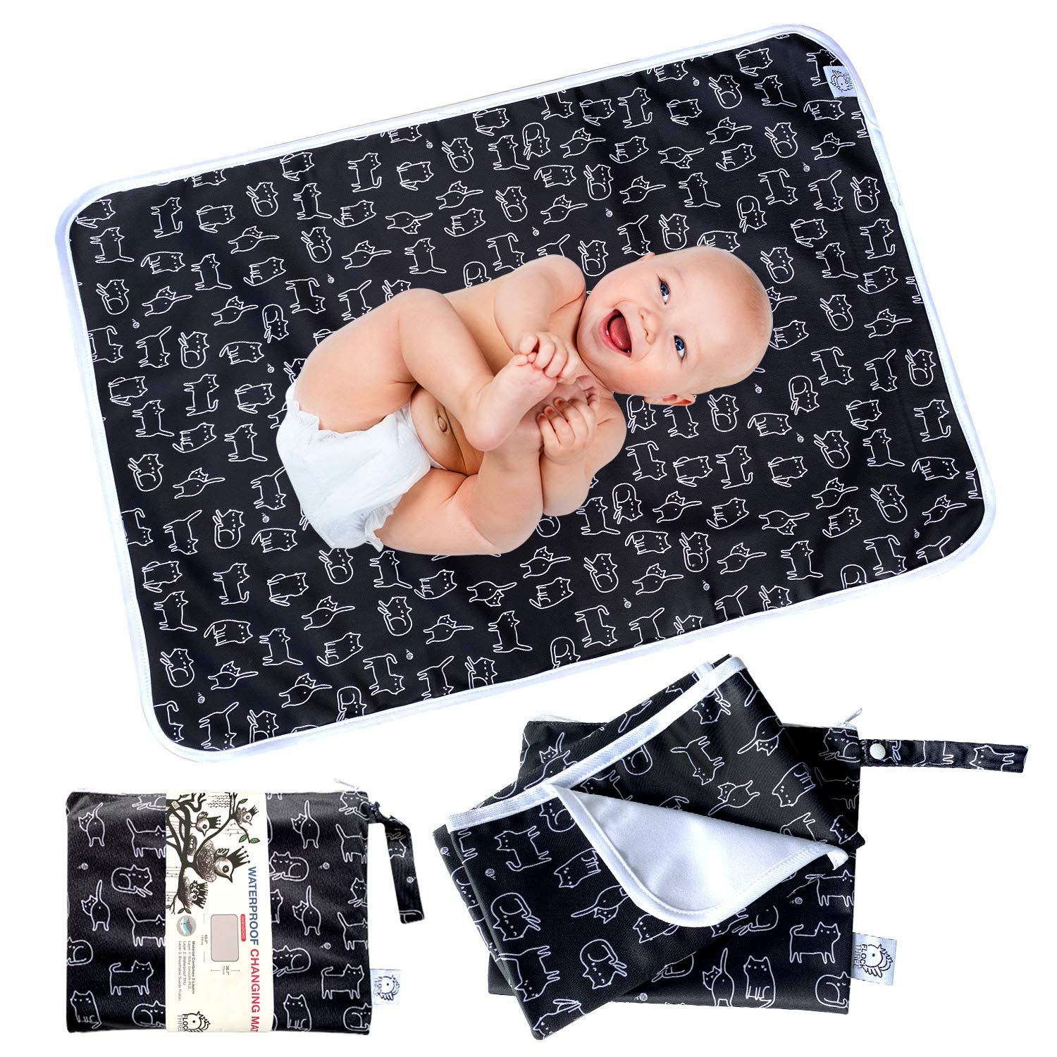 Flockthree Waterproof Baby Diaper Changing Pad with Storage Bag (28.7″ X 19.7″) Washable Wipeable Reusable Leak Proof Diaper Travel Mat Station Changing Mattress Liner Cribs Bed Cover, Cats