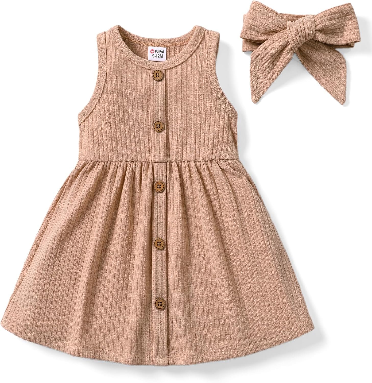 PATPAT Baby Toddler Girl Dresses Infant Sleeveless Summer Solid Dress Rib Knit Tank Skirt Dress Sundress with Headband Khaki 6-9 Months