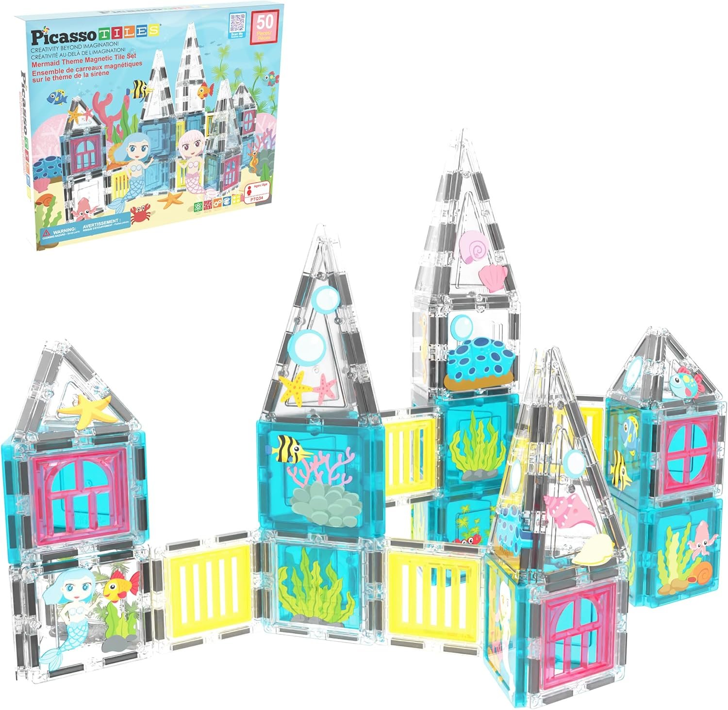 PicassoTiles 50 Piece Magnetic Tiles Mermaid Theme Magnet Building Blocks Toddler Toy Educational STEM Learning Kit Construction Set Pretend Play Preschool Kid Game Toddler Girl Boy Ages 3 & Up PTQ34