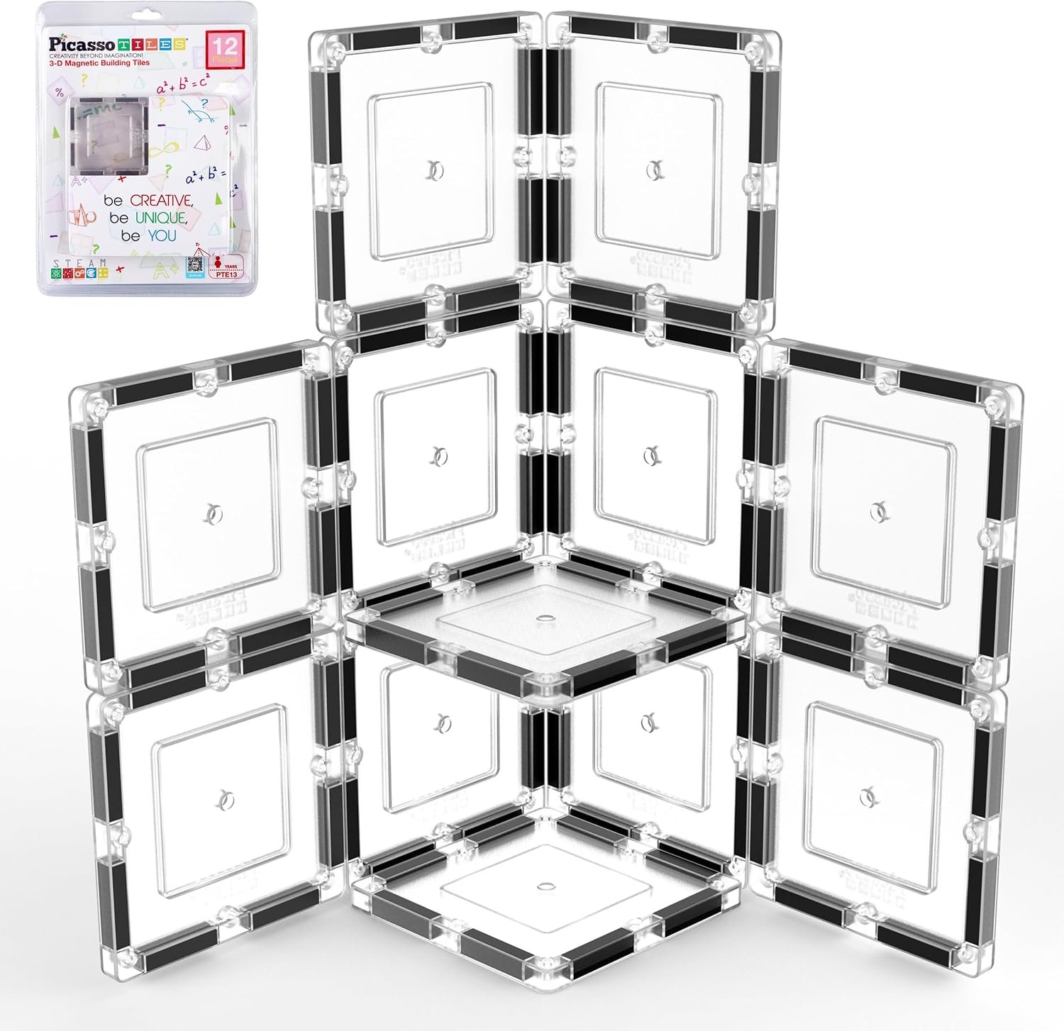 PicassoTiles Clear Transparent Magnetic Tile Expansion Set STEM Educational Construction Toy Kit for Kids Age 3 Plus Magnet Building Blocks Preschool Learning Creativity and Skill Development PTE13