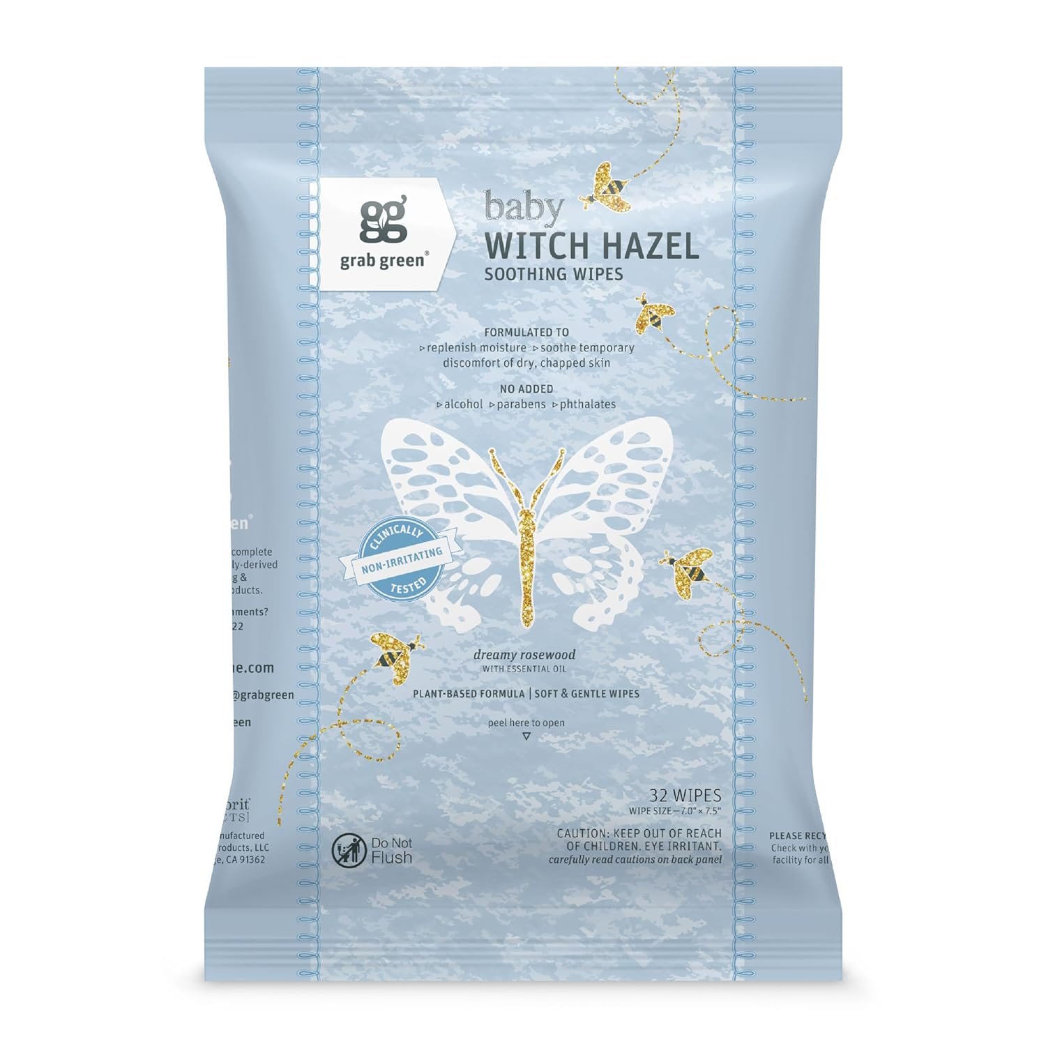 Grab Green Baby Witch Hazel Soothing Wipes, 32 Wipes, Dreamy Rosewood Scent, Plant and Mineral Based, Biodegradable, Soothe Common Skin Irritations Such as Diaper Rash, No Alcohol, Packaging May Vary