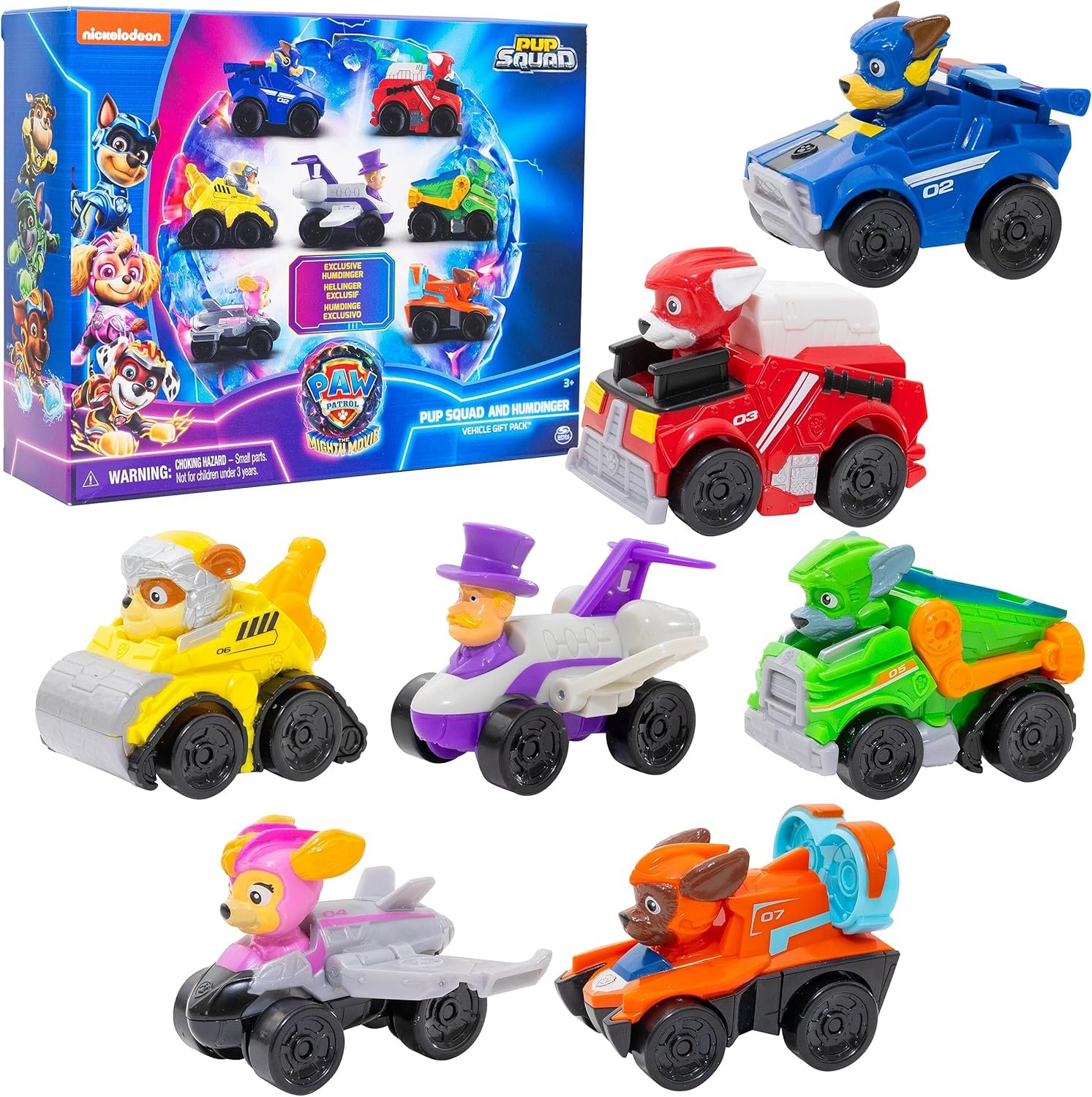 Paw Patrol: The Mighty Movie Toy Vehicle Set- 7 New Cars & Trucks w Exclusive Mayor Humdinger Action Figure-Includes Rubble, Chase, Skye, Zuma, Marshall, Rocky