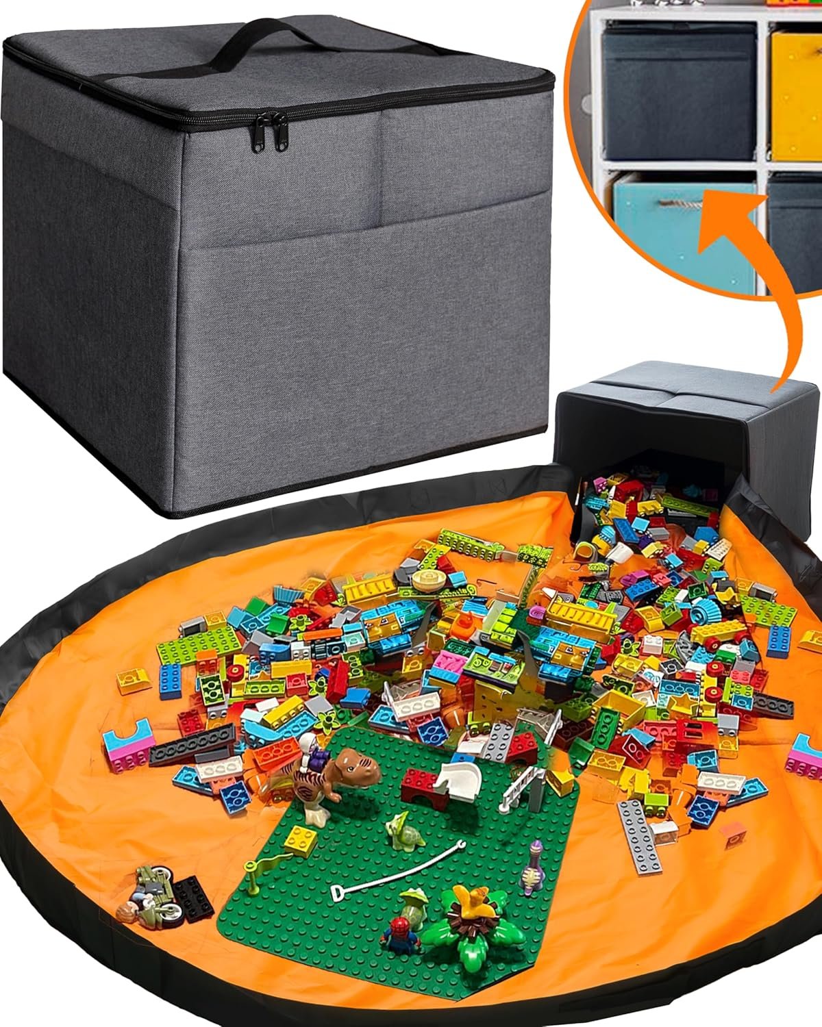 XL Toy Storage Organizer with Play Mat – Storage Bag/Box for Kids, Boys, Girls, Nursery, Playroom – Basket for Building Bricks/Blocks – Collapsible Fabric Cube Bin, 13″x13″x15″