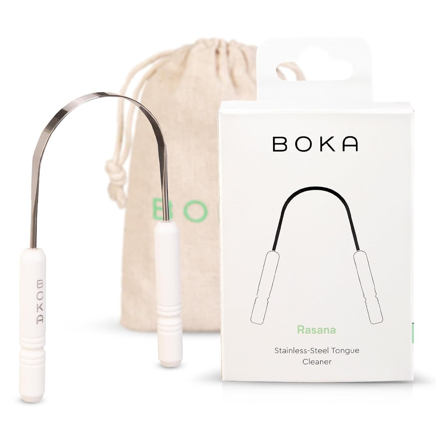 Boka Tongue Scraper for Adults & Kids with Case – Stainless Steel Tongue Cleaner w/Linen Travel Pouch – Scrubber to Remove Tongue Buildup and Freshens Breath (Pack of 1)
