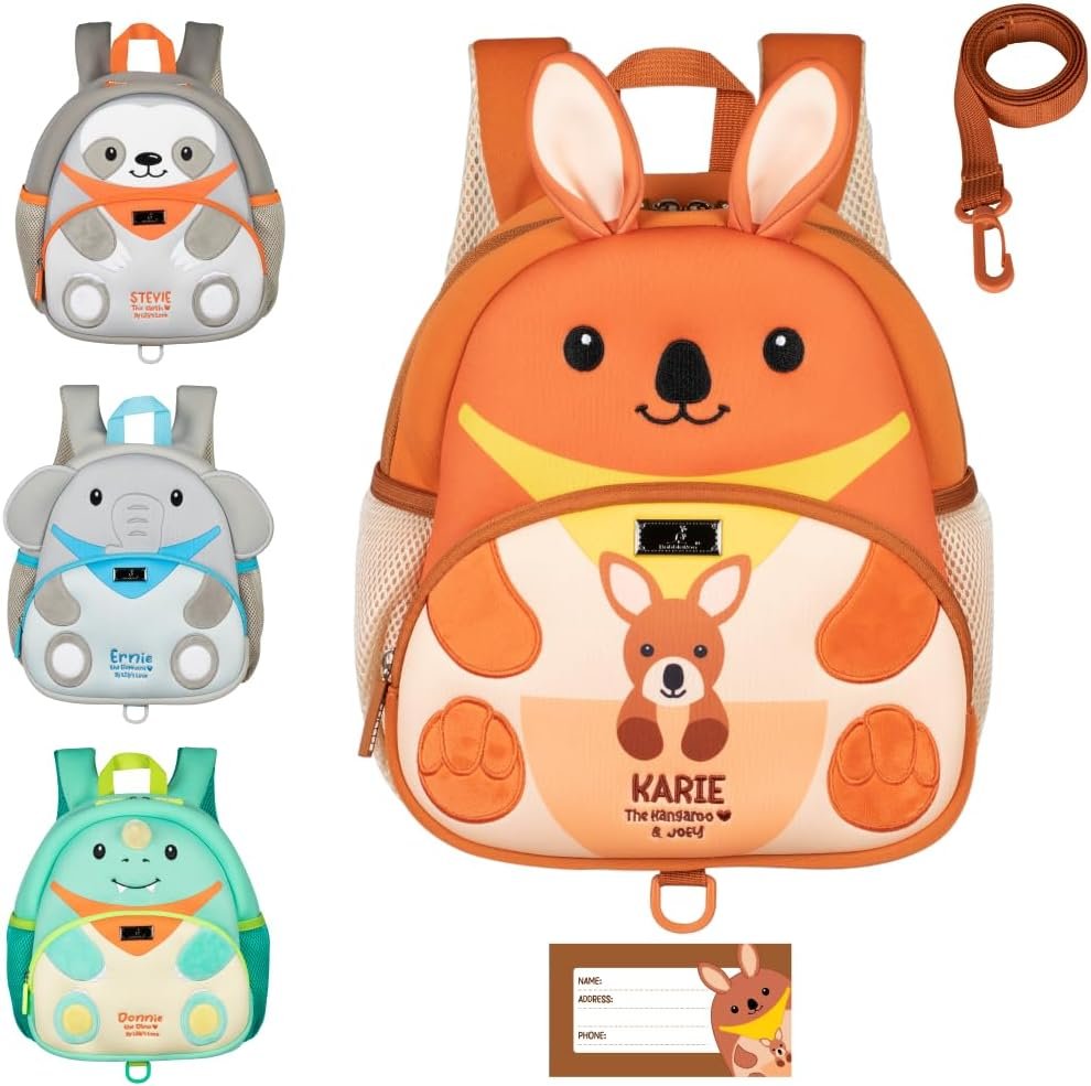 BabbleRoo Toddler Backpack, Kids Backpack – Light & Comfortable, Water Resistant Neoprene, Leash for Toddlers 1-3, Reflective Strips for Visibility, Animal Backpack, Karie the Kangaroo