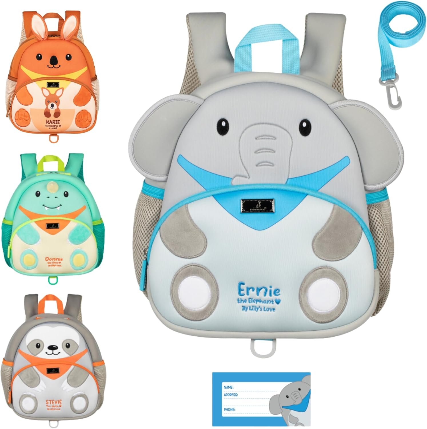 BabbleRoo Toddler Backpack, Kids Backpack – Light & Comfortable, Water Resistant Neoprene, Leash for Toddlers 1-3, Reflective Strips for Visibility, Animal Backpack, Ernie the Elephant