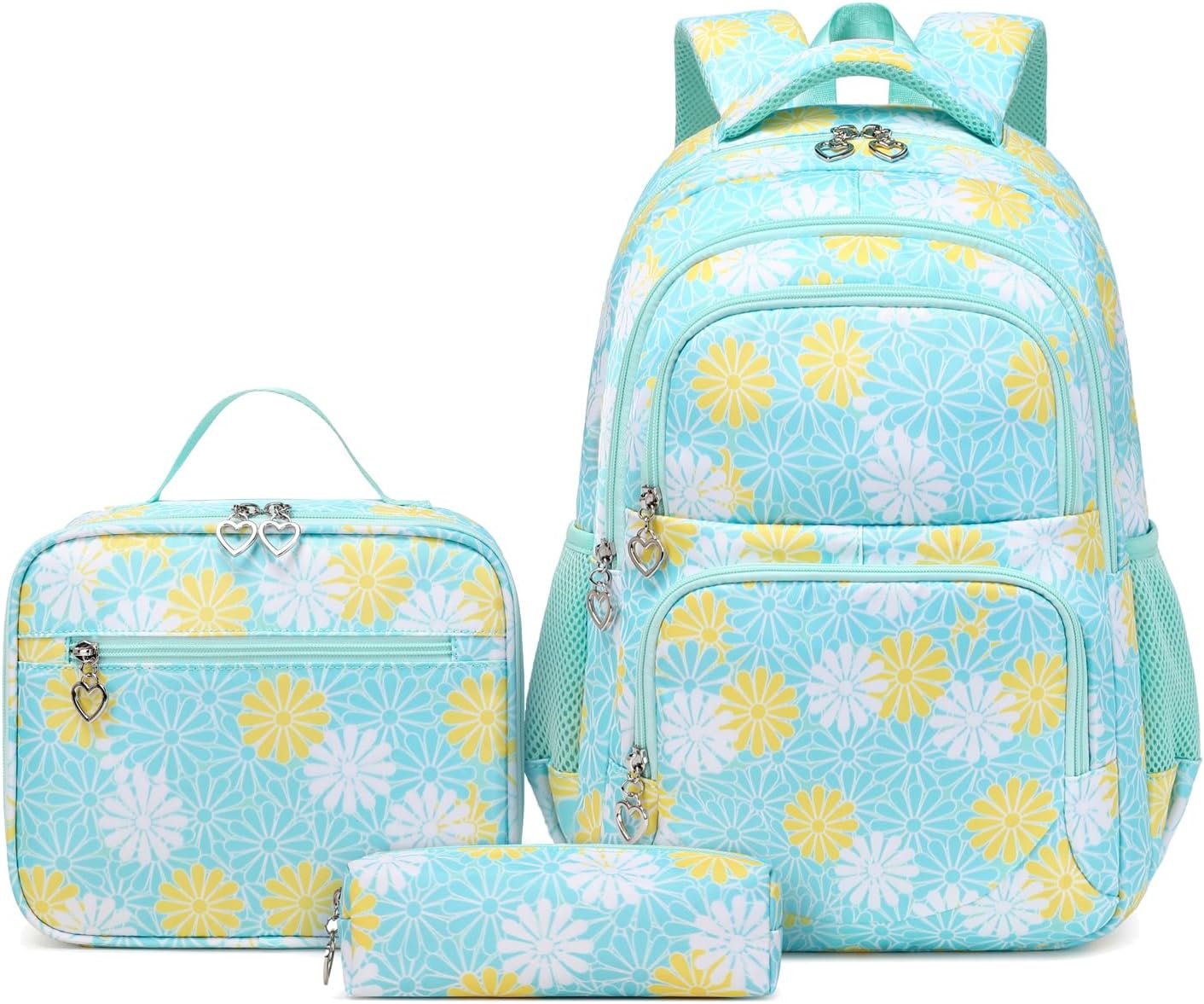 ZHIERNA Daisy Backpack for Girls Toddler Tie Dye Bookbag with Lunch Bag Preschool Simple Modern Backpack School 3pcs Set, Lightweight Elementary Book bag Girl（Green）
