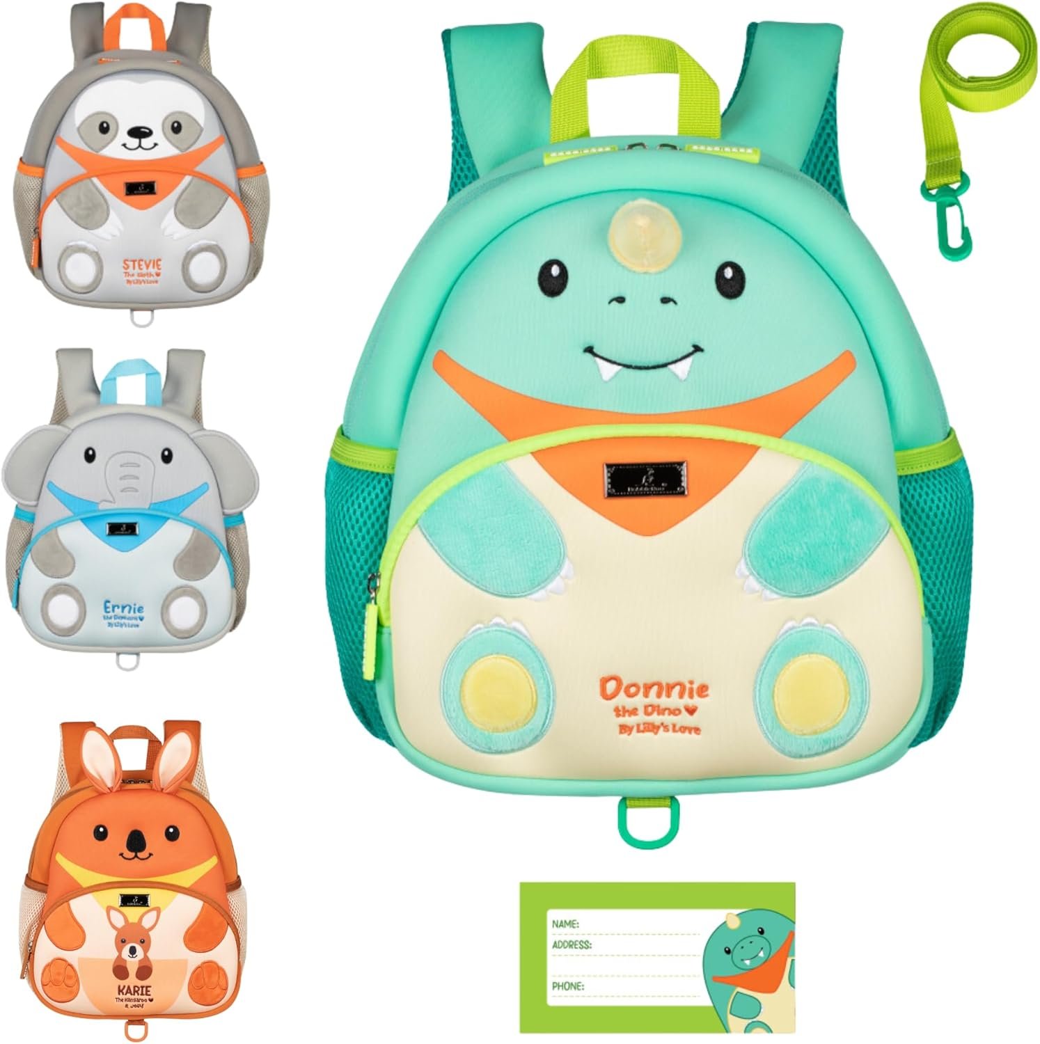 BabbleRoo Toddler Backpack, Kids Backpack – Light & Comfortable, Water Resistant Neoprene, Leash for Toddlers 1-3, Reflective Strips for Visibility, Animal Backpack, Donnie the Dino