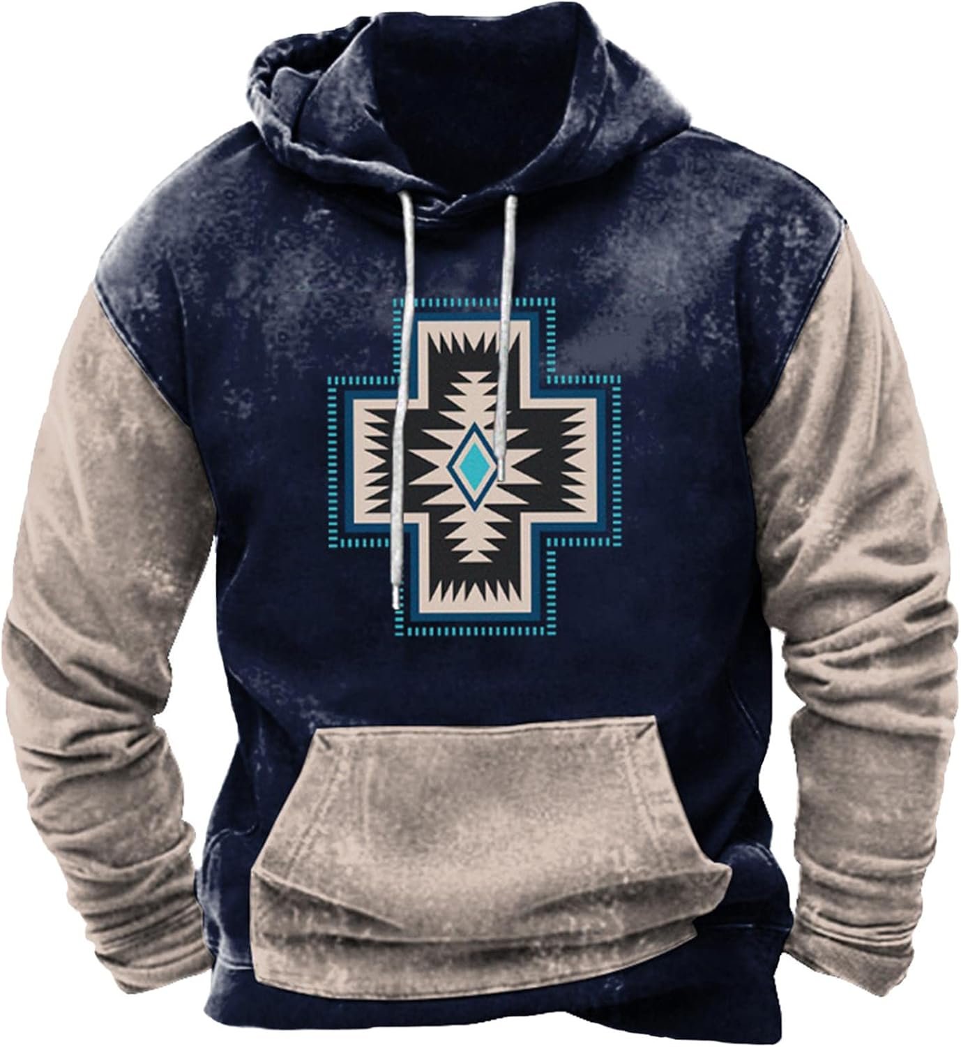 Zeiyignr Men’s Western Aztec Sweatshirts, Ethnic Print Graphic Patchwork Hoodies Slim Casual Pullover Tops with Drawstring