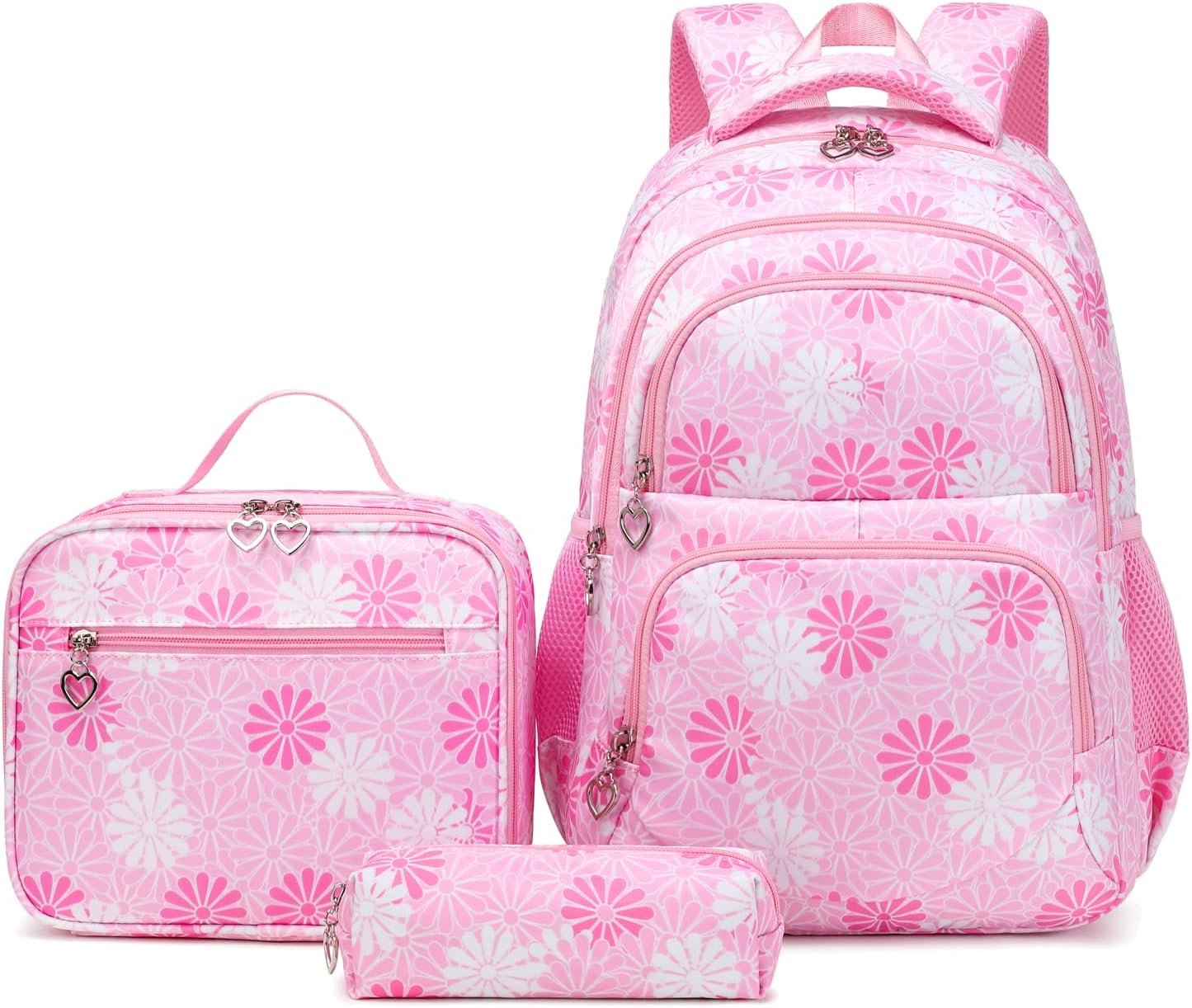 ZHIERNA Daisy Backpack for Girls Toddler Tie Dye Bookbag with Lunch Bag Preschool Simple Modern Backpack School 3pcs Set, Lightweight Elementary Book bag Girl（Pink）