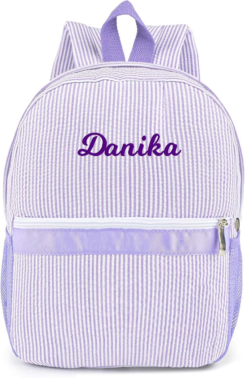 MT WORLD Kids Daycare Backpack Personalized Toddler Backpack with Embroidered Name – Seersucker Small Backpacks for Little Girls – Custom Preppy Toddler Girls Backpacks for Birthday Gifts (Purple)
