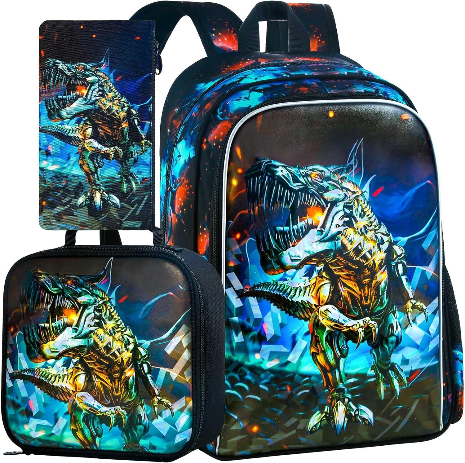 3PCS Dinosaur Backpack for Boys, 16 Inch Kids Water Resistant Preschool Elementary Kindergarten Bookbags and Lunch Box | Kids, Water Resistant, Preschool, Elementary, Kindergarten
