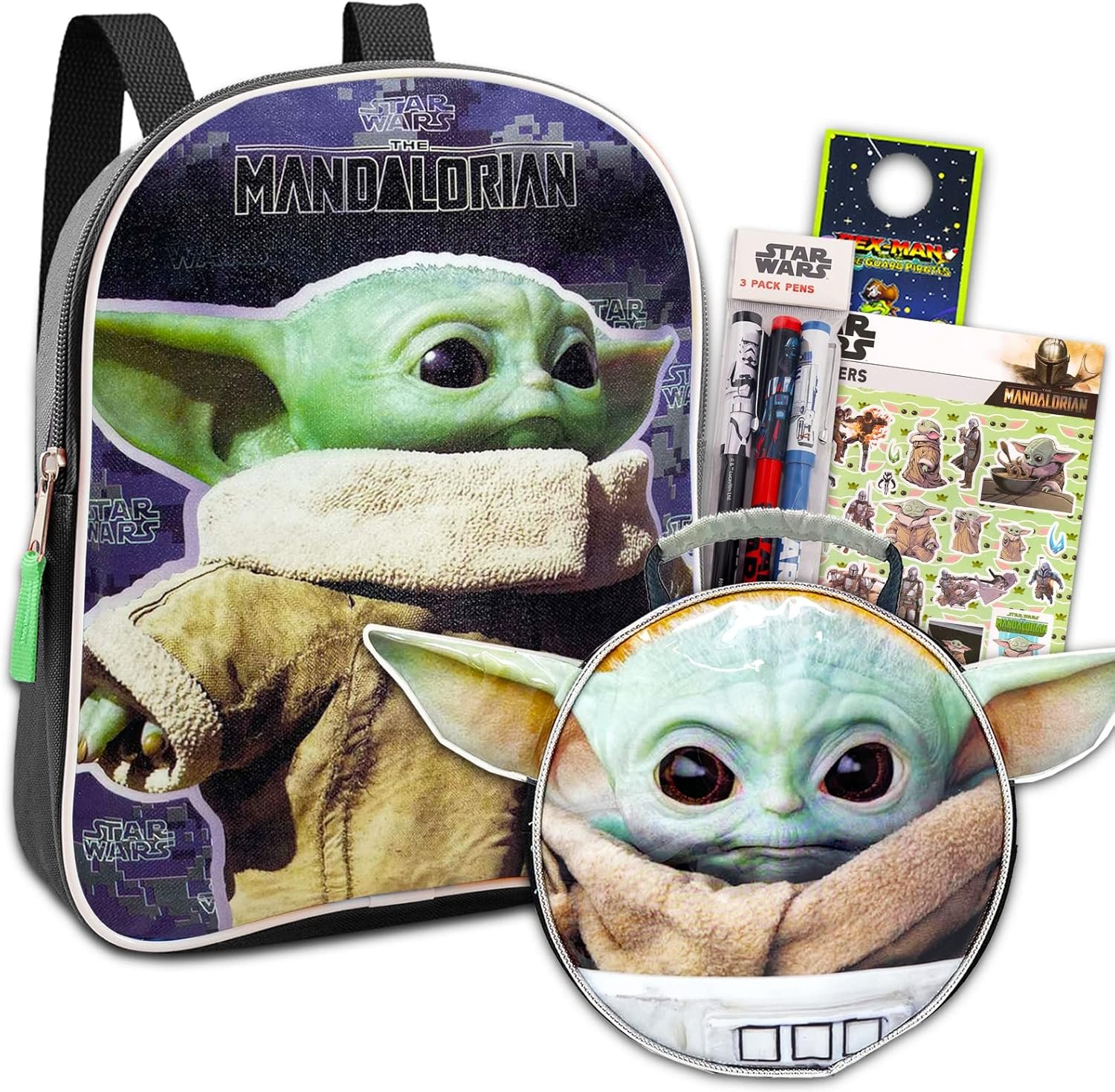The Child Backpack with Lunch Box Set – Bundle with Baby Yoda Bag, Mandalorian Lunch Bag, Bottle, Stickers, More | Star Wars School Supplies