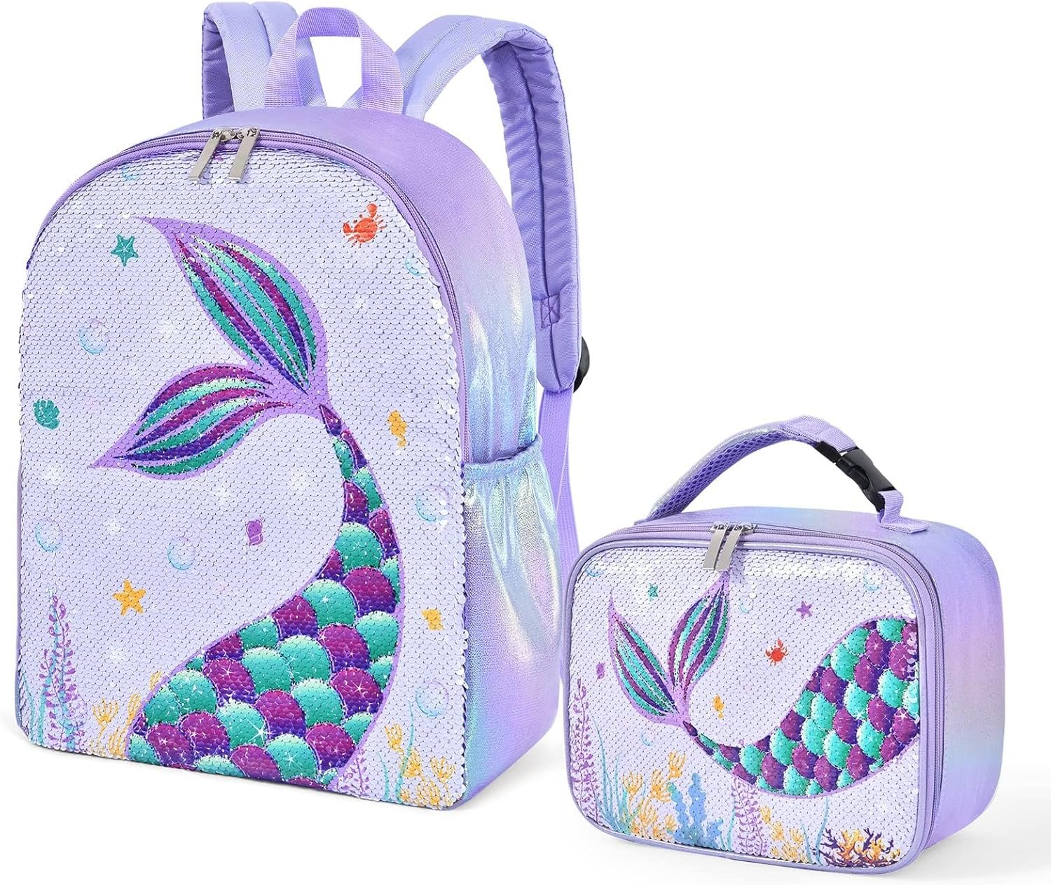 WERNNSAI Mermaid Kids Backpack Set – 15”Mermaid Sequins School Backpack with Lunch Bag for Girls Preschool Kindergarten Elementary Hiking Travel Laptop Lightweight Book Bag Insulated Lunch Tote Bag